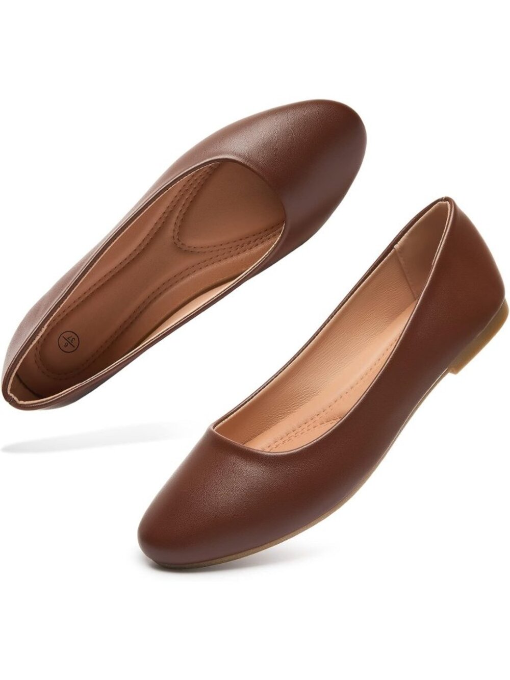 Women's Brown Comfortable PU Leather Round Toe Solid Slip on Ballet Flat Shoes